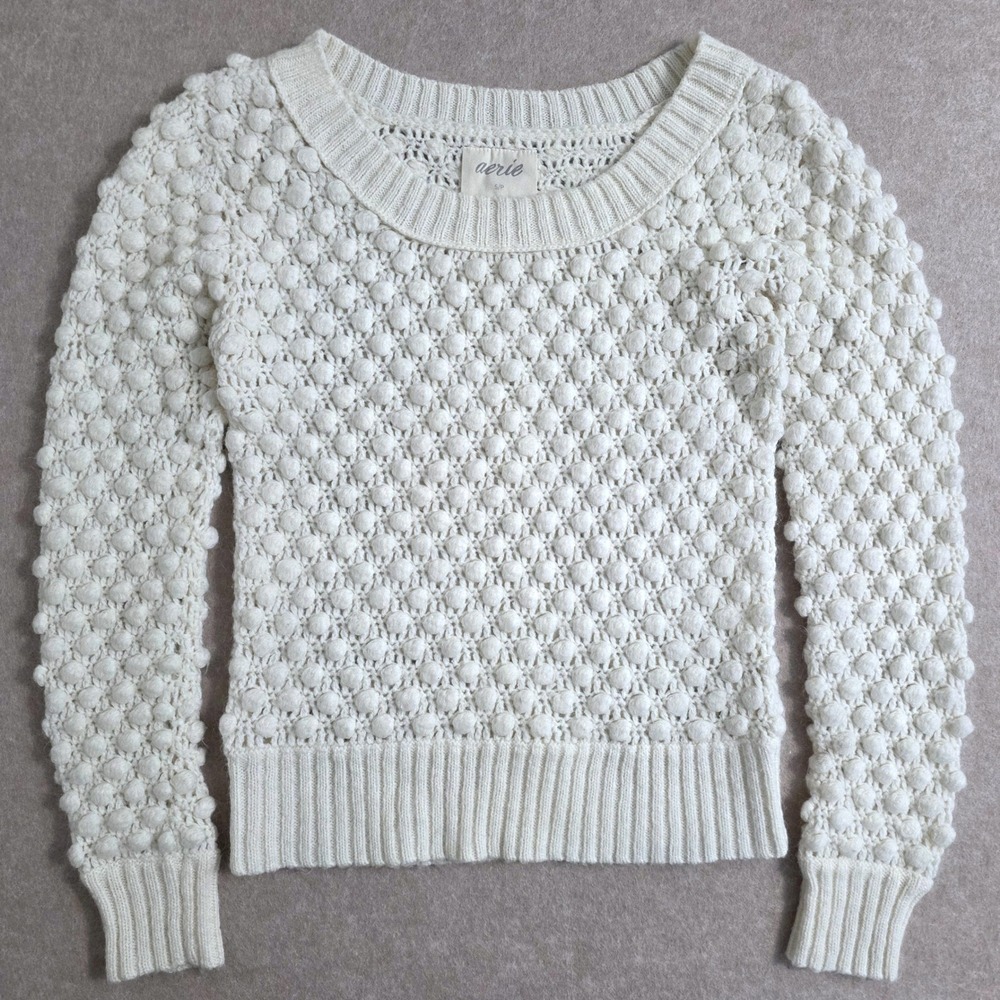 Aerie Wool Mohair Blend Bobble Sweater Sz S‎ Chunky Open Knit Boat Neck Top